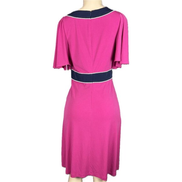 Vicky Tiel M Pink-Navy Colorblock V-Neck Zip Short Split Sleeve Below Knee Dress - Picture 4 of 6